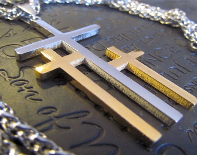 Large Silver Gold Calvary 3 Cross Necklace Pendant Heavy Chain Men Boys Christian Jewelry - Saint Michaels Jewelry - Calvary Three Cross