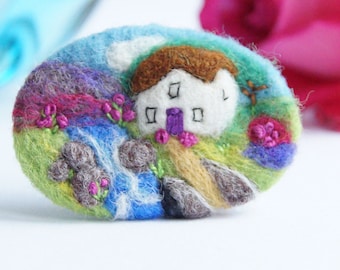 River Cottage brooch, landscape art, wool, mothers valantine gift, Needle felted brooch, gift for her, landscape pin IWANTCRAFT