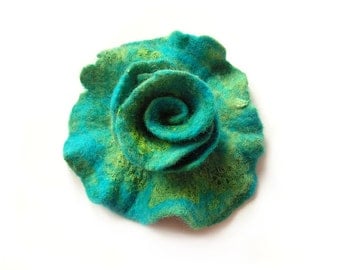 Felted flower brooch felt flower brooch green turquoise flower felt wool floral brooch merino wool brooch spring boho gift OOAK