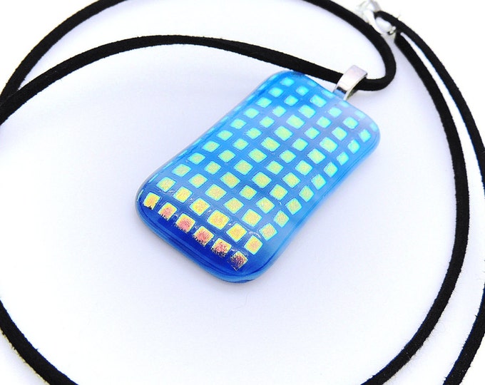Blue dichroic pendant necklace. Contemporary handcrafted jewellery/jewelry. Modern colourful fashion accessories. Birthday anniversary gift