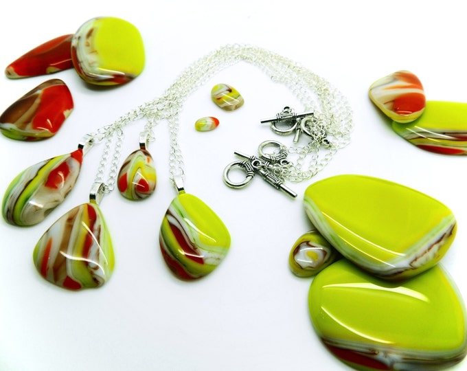 Green orange fused glass pebble necklace. Contemporary jewellery/jewelry. Modern colourful fashion accessories. Birthday anniversary gift