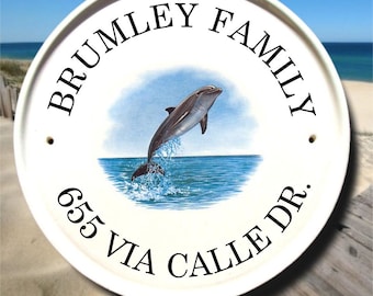 Dolphin Address Plaque / Beach House Sign / Personalized Beach Signs / Custom Outdoor Name Signs/Ceramic Gifts/Maritime