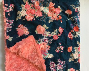 navy Floral Nursery, Coral Nursery, Baby Blanket, Turquoise, Minky Baby Blanket, Floral baby blanket, floral, modern nursery, gift,