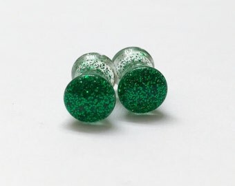 5mm (4g) Bright Green Glitter Plugs for Stretched/Gauged Ears - Double Flare - Resin Plugs