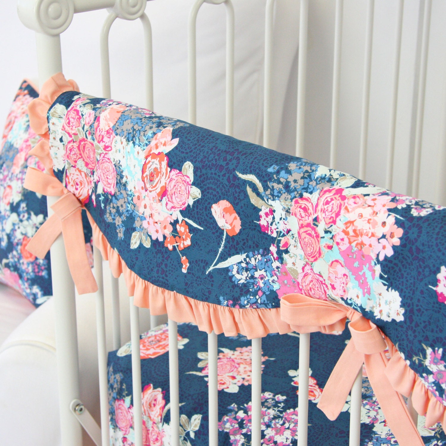 Coral & Navy Floral Crib Rail Cover by CadenLaneBabyBedding