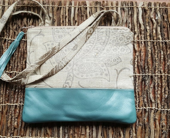 Linen Leather Handbag/ Linen Purse / Seafoam Blue Leather