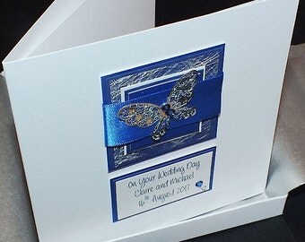 Personalised Boxed Wedding Day Card for Son, Daughter, Husband, Wife, Grandson, Grandaughter etc Royal Blue Butterfly