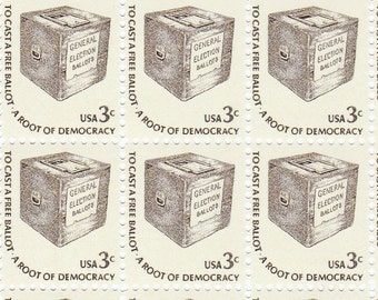 Qty of 10 Early Ballot Box .03 cent 1977 vintage postage stamps, These stamp are in excellent, unused, unhinged condition.