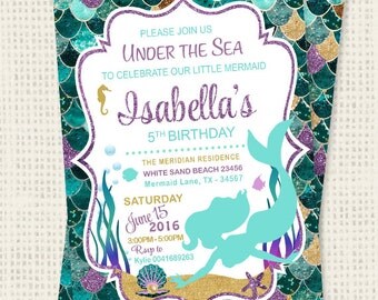 SALE Mermaid Birthday Invitation Teal Purple Gold Sparkle Mermaid Invitation Under The Sea Invitation Mermaid Birthday Party