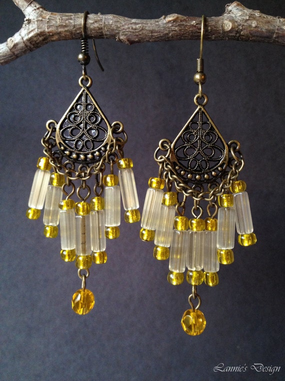 Yellow Antiqued Brass Chandelier Earrings Posts Hooks or