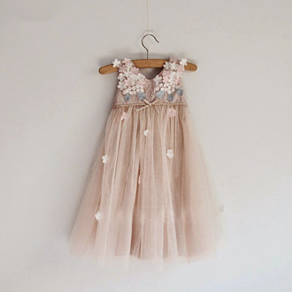 Taupe Blush Tulle Dress Flower Girl Dress with 3D chiffon