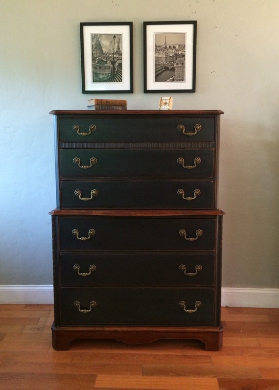 Navy Blue Tall Boy Dresser Chest of Drawers - Vintage Navy Blue Tall Boy Dresser Chest of Drawers