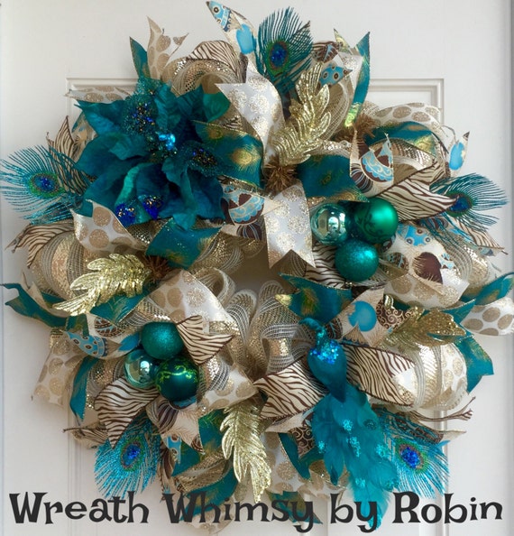 peacock teal cream gold holiday deco mesh wreath christmas peacock teal cream gold holiday deco mesh wreath christmas