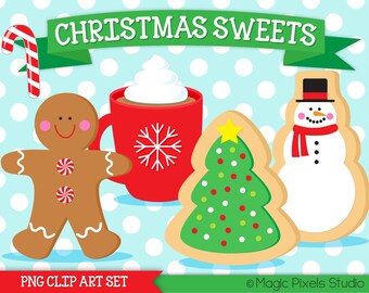 Christmas Clipart, Christmas cookies clipart, gingerbread man, snowman, candy cane, hot cocoa clipart, INSTANT DOWNLOAD