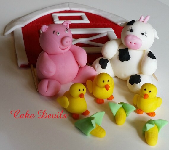 Flat Barn & Farm Animal Fondant Cake Topper Kit Handmade