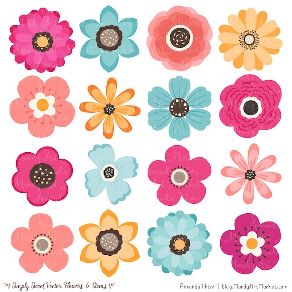 Cute Flowers Clipart in Bohemian - Bohemian Vector Flowers ...