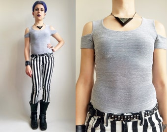 SALE 30% off 90s Clothing/ 90s Cold Shoulder Top Silver Textured Vintage Shirt Open Shoulder Shirt Cut Out Top Raver Cyber Top, size XS