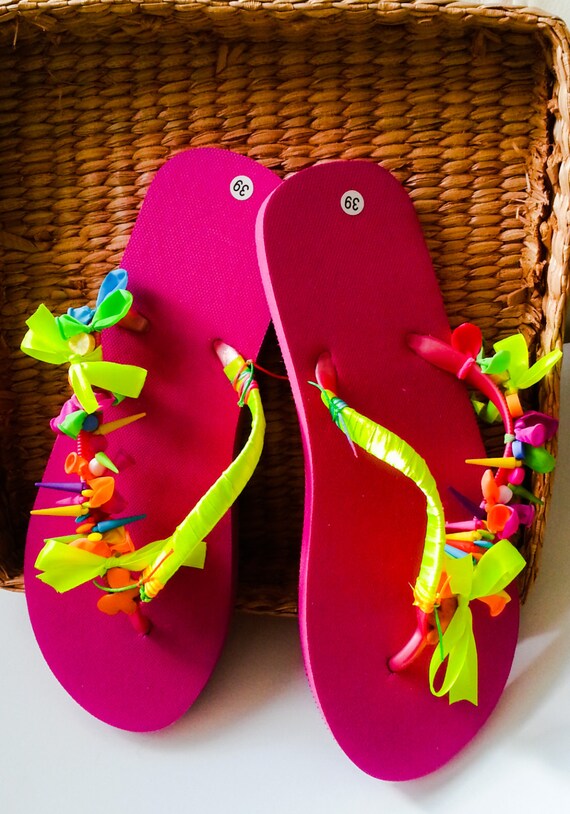 Pink Flip Flops Metal Free Rainbow Bead Funky Beach Sandals