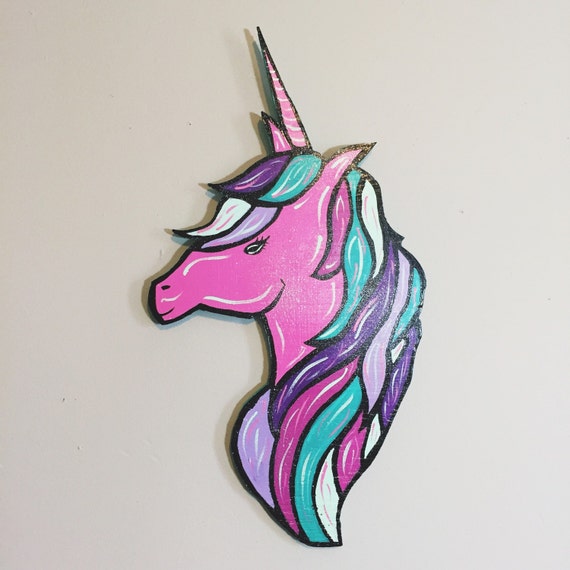 items similar to pink glittered unicorn head painted