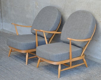 Pair of Vintage Ercol 203 Windsor Armchairs: Newly Upholstered in Soft Grey
