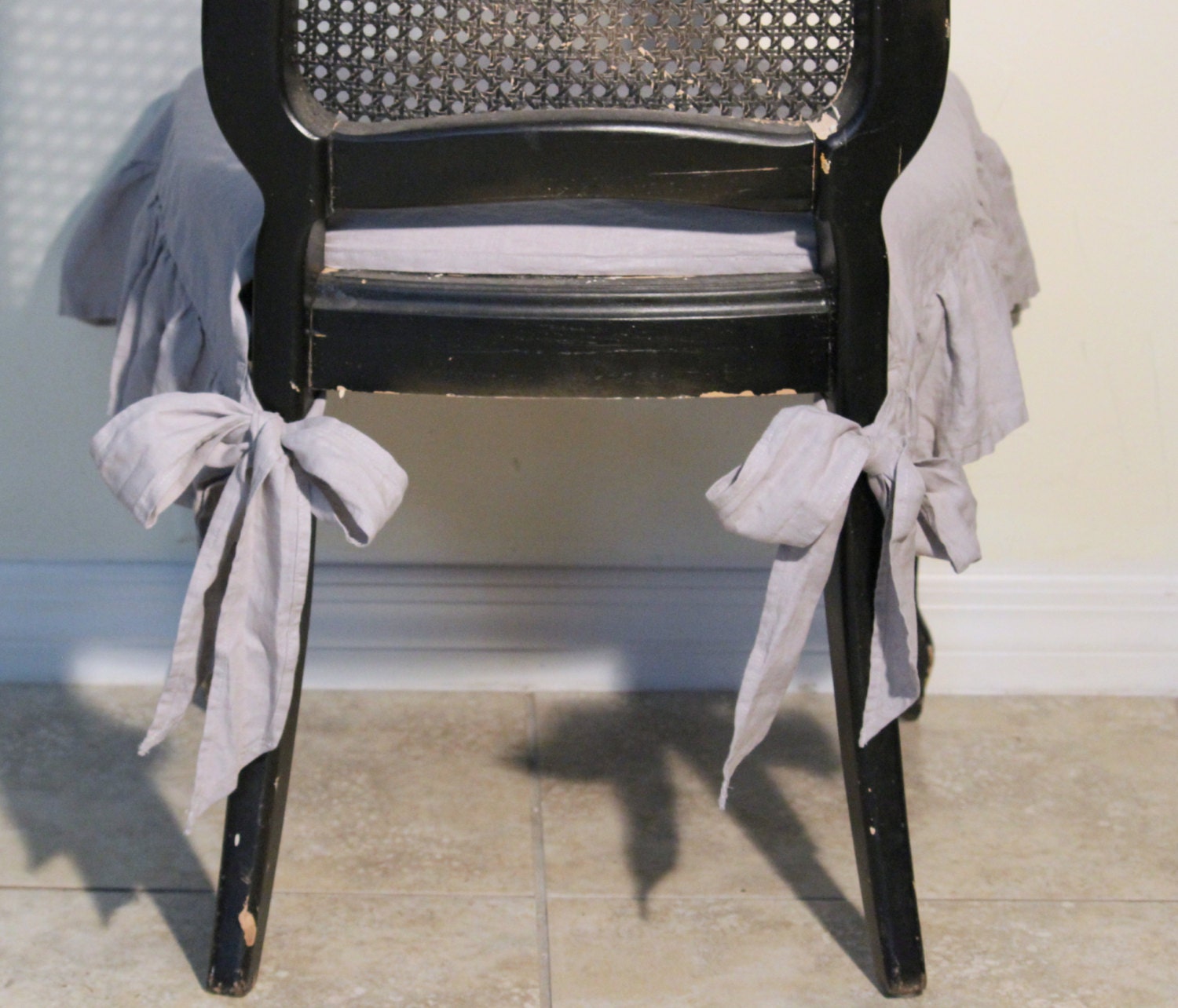 Stone Washed Linen Chair Seat Cover with Ruffle by diningbeautiful