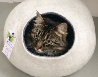 Cat cave, house, bed, nap ,cocoon Handmade from natural sheep wool by kivikis, Color Snow Grey