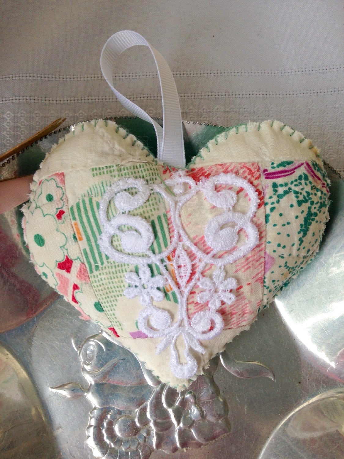 Vintage Hand-quilted Heart 40's Fabric Hanging Heart