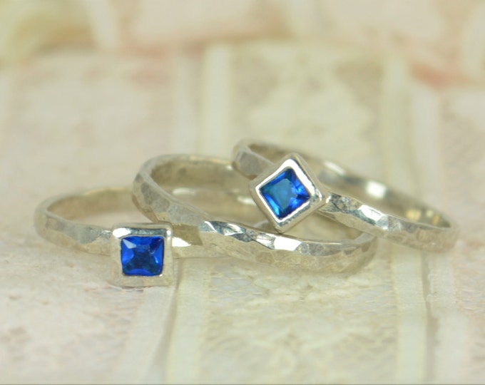 Square Blue Zircon Engagement Ring, 14k White Gold, Blue Zircon Wedding Ring Set, Rustic Wedding Ring Set, December Birthstone, Solid Gold