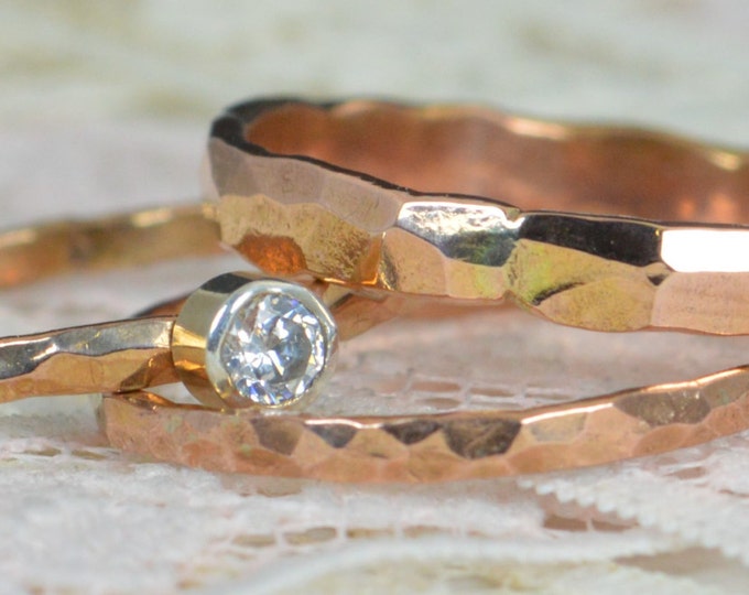 Natural Diamond Engagement Ring, 14k Rose Gold, Diamond Wedding Ring Set, Rustic Wedding Ring Set, April Birthstone, Solid 14k Diamond Ring