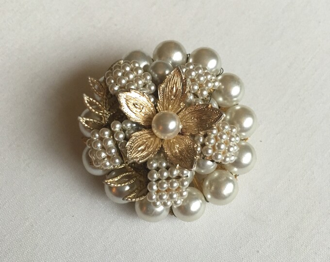 Storewide 25% Off SALE Vintage Silver & Gold Tone Floral Creamy Pearl Beaded Designer Brooch Pin Featuring Multilayered Design