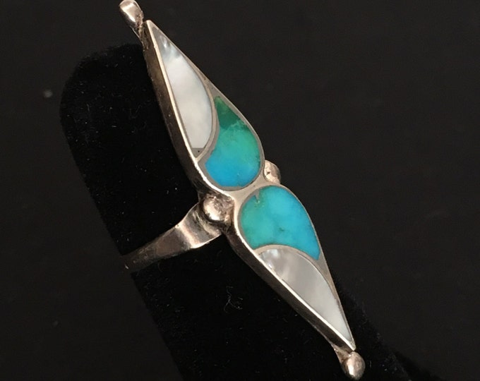 Storewide 25% Off SALE Vintage Sterling Silver Turquoise Inlay Southwestern Style Ring Featuring Mother of Pearl Accented Finish