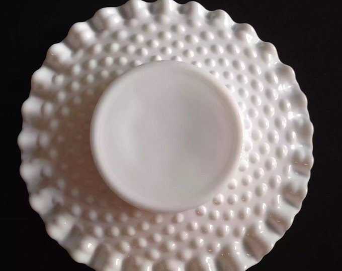 Storewide 25% Off SALE Vintage Fenton Hobnail White Milk Glass Decorative Breakfast Plate Featuring Ruffled Trim Design With Classical Style