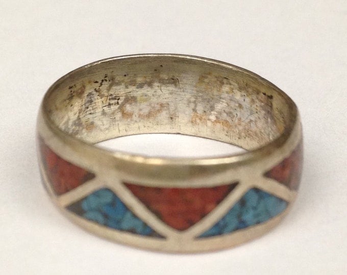 Storewide 25% Off SALE Vintage Sterling Silver Coral and Turquoise Inlaid Designer Cocktail Ring Featuring Alternating Geometric Pattern Des