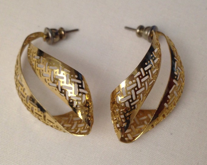 Storewide 25% Off SALE Vintage Gold Tone Filigree Ribbon Style Designer Earrings Featuring Elegant Open Design