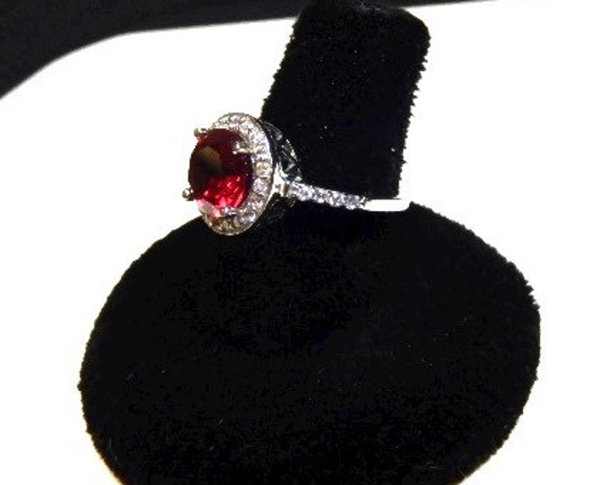 Storewide 25% Off SALE Vintage Sterling Silver Ruby Red Ladies Designer Cocktail Ring Featuring Elegant Clear Stone Accented Design