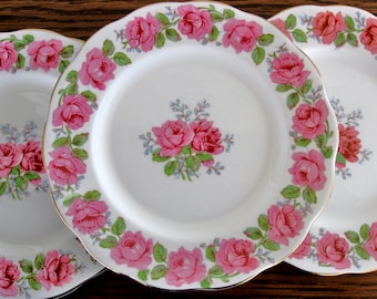 Vintage Queen Ann Lady Alexander Rose china plates, china salad plates, set of 3, fine bone china plates, 1940s, bone china, china plates