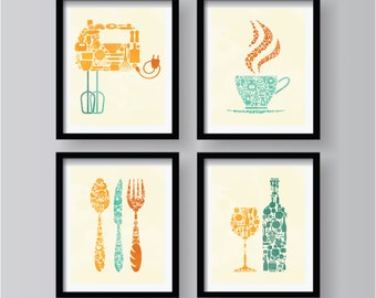 SET OF 4 - Lovely Retro Kitchen decor, kitchen wall art, kitchen decor, kitchen decor set, kitchen wall art, kitchen print, orange teal set