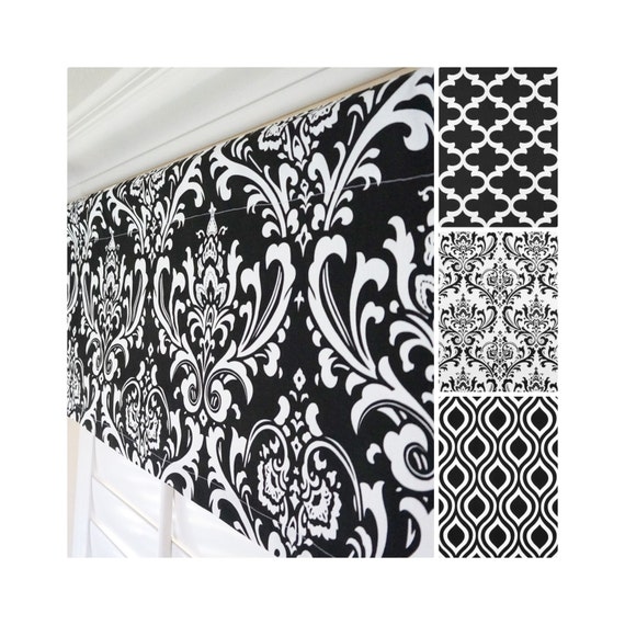 Black and White Window Treatment Valance.Black Damask