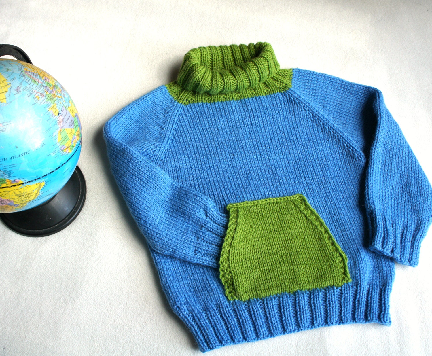 Blue and green sweater for children turtle neck with pocket