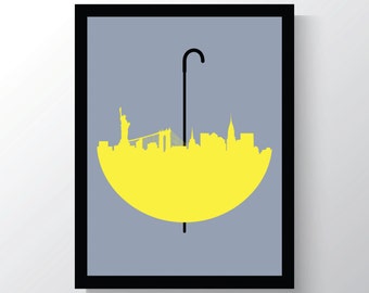 How I Met Your Mother, Wall Art Print, New York Skyline, Yellow Umbrella Print, 8x10 Wall Art