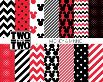 Mickey Mouse Digital Paper: "MICKEY AND MINNIE" Mickey Mouse Ears, Polka Dot, Chevron, & Striped Patterns in Disney Red, Black, White,