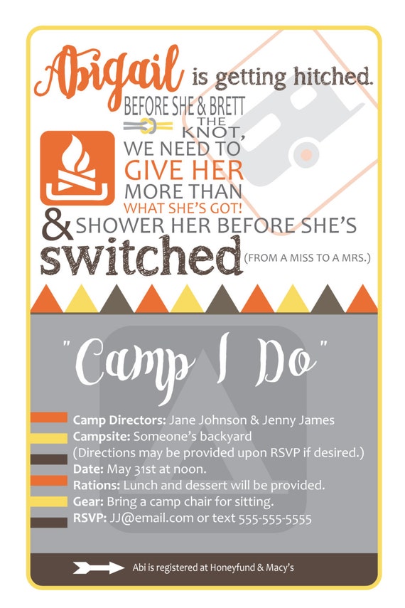 Camping theme custom bridal shower invitation.