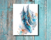 Feather Watercolor Print, Turquoise Feathers Watercolor Painting Art Print, Wall Art Feather Watercolor Print, Turquoise Feathers Watercolor Painting Art Print, Wall Art
