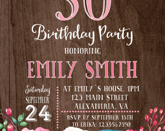 30th birthday invitation. Wood birthday invitation. Rustic woman invite. Watercolor invite. 40th Birthday invitation. Woman invite