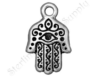 TierraCast Hamsa Hand Drop, Double-Sided Antique Silver-Plated Lead-Free Pewter, Wholesale Evil Eye Pendant, USA Seller (T131)