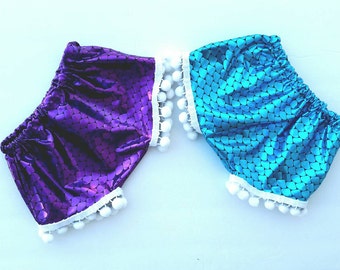 Mermaid shorts, mermaid leggings, mermaid shirt, mermaid headband, pom pom shorts, baby bloomers, child shorts, diaper cover, baby shorts
