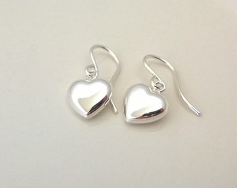 Sterling silver heart earrings; simple silver earrings; puffed heart earrings; 3D heart earrings; romantic sterling silver heart earrings