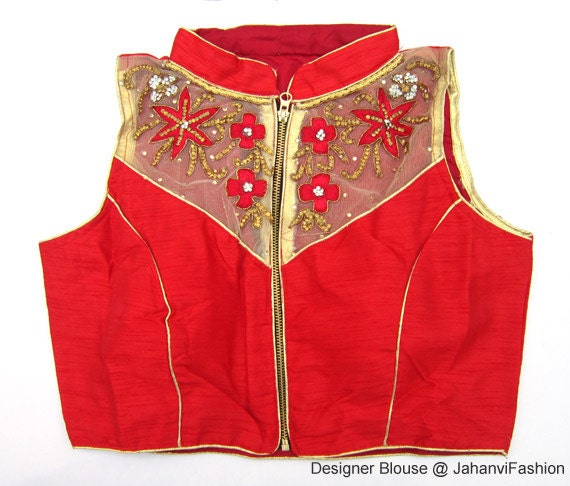 Red designer embroidery blouse with collar and embroidery neck