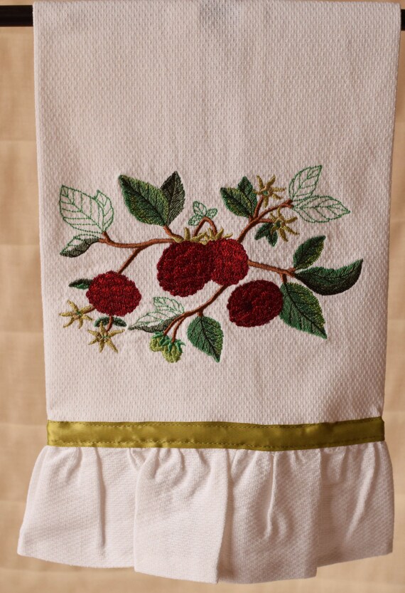 Botanic Raspberry Embroidered Tea Towel Complete With Ruffle