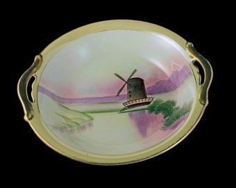 Handled Bowl, Meito China, Windmill Pattern, Handpainted, Art Deco Bowl, Gold Trimmed